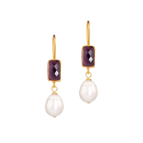 Fashionable earring made from brass, goldplated, Amethyst, baroque pearl